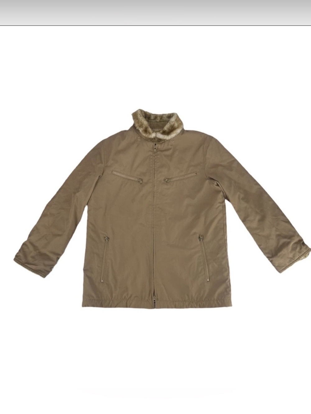 Vintage London Fog Faux Fur Lined Bomber Jacket Medium Khaki Tan Workwear